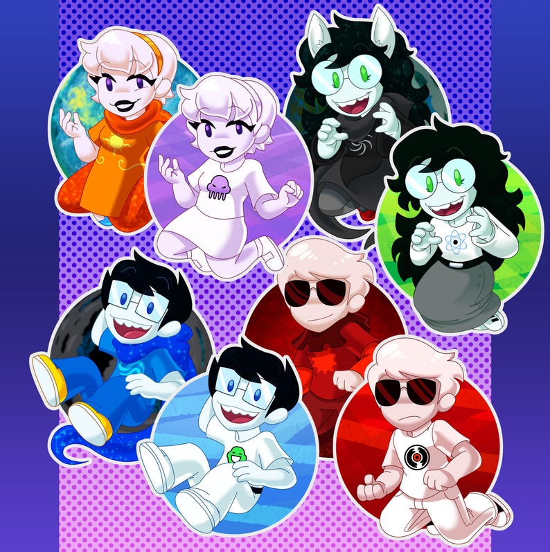 May include: A collection of cartoon character stickers. Each sticker features a different character with unique outfits and expressions. The characters are set against colorful circular backgrounds, with a purple polka dot background.