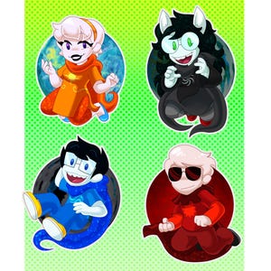 May include: Four cartoon character stickers. The characters are in a circle with a green background. One character is wearing an orange dress, another is wearing a black dress, another is wearing blue, and the last is wearing red.
