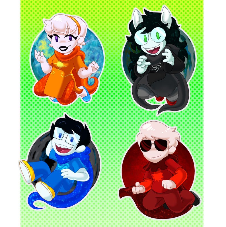 May include: Four cartoon character stickers. The characters are in a circle with a green background. One character is wearing an orange dress, another is wearing a black dress, another is wearing blue, and the last is wearing red.