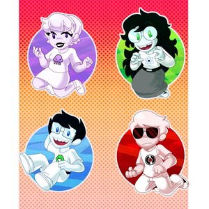 May include: Four cartoon character stickers. Each character is in a circle with a different color background. The characters are wearing white shirts and pants. The backgrounds are red, green, blue, and red. The characters have different hair colors and accessories.
