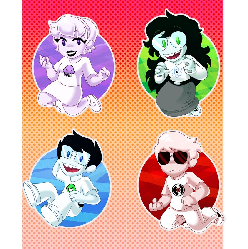 May include: Four cartoon character stickers. Each character is in a circle with a different color background. The characters are wearing white shirts and pants. The backgrounds are red, green, blue, and red. The characters have different hair colors and accessories.