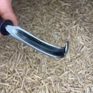 May include: A metal hoof knife with a black handle. The blade is curved and has a sharp edge. The tool is designed for trimming horse hooves. The background is a bed of straw.