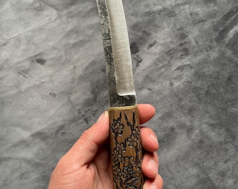 Handmade Japanese Tanto Knife: Sakura Branch Carved Handle