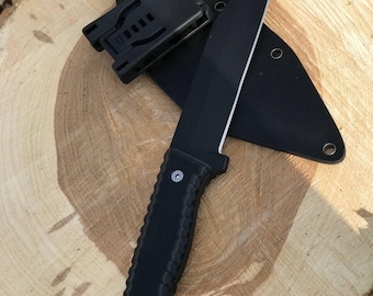 Handmade Bushcraft Knife with Sheath: D2 Steel, ABS Plastic Handle