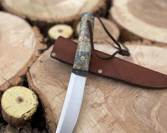 Handmade Bushcraft Knife with Maple Burl Handle, High-Carbon Steel Blade