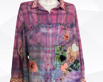 Pink & Purple Roses | Distressed | Tie Dyed Festival Flannel Shirt