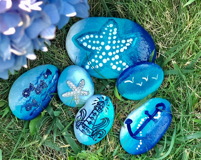 Handpainted Coastal Nautical Beach Rock Garden | Painted Rocks - Etsy