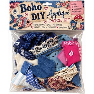 May include: A Boho DIY Appliqué Patch Kit in a clear plastic bag containing assorted fabric scraps, lace, and denim pieces. The header card features the text Boho DIY Appliqué Patch Kit, Fish, Hearts, Mushrooms and More, Fabric Scraps, Lace, Pattern(s), Create, Sew, Customize, and gina Louise.