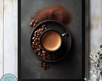 Coffee Love, poster with coffee design for kitchens or offices, coffee poster for coffee lovers, kitchen poster with a coffee cup from above