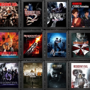 May include: A collection of framed posters featuring the "Resident Evil" video game series. The posters display various game titles and cover art, showcasing characters, action scenes, and the iconic Umbrella Corporation logo. The posters are mounted on a dark brick wall.