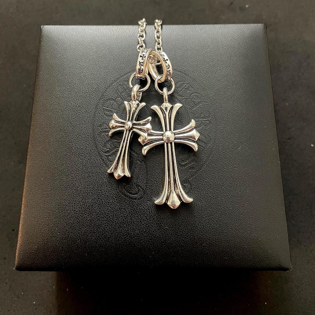 CH Gothic Style Y2K Punk Charm Double Cross Necklace Chrome Silver 