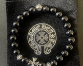 Ch Gothic Style Y2k Chrome Silver Punk Bead Onyx Bracelet