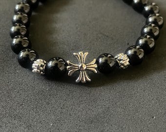 Ch Gothic Style Y2k Chrome Silver Punk Bead Onyx Bracelet