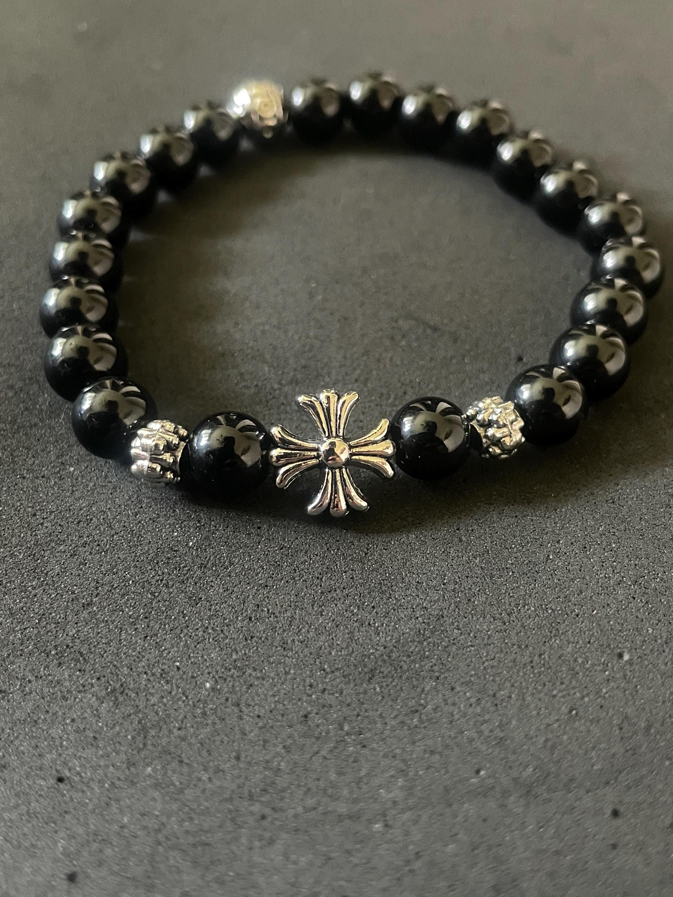 Ch Gothic Style Y2k Chrome Silver Punk Bead Onyx Bracelet