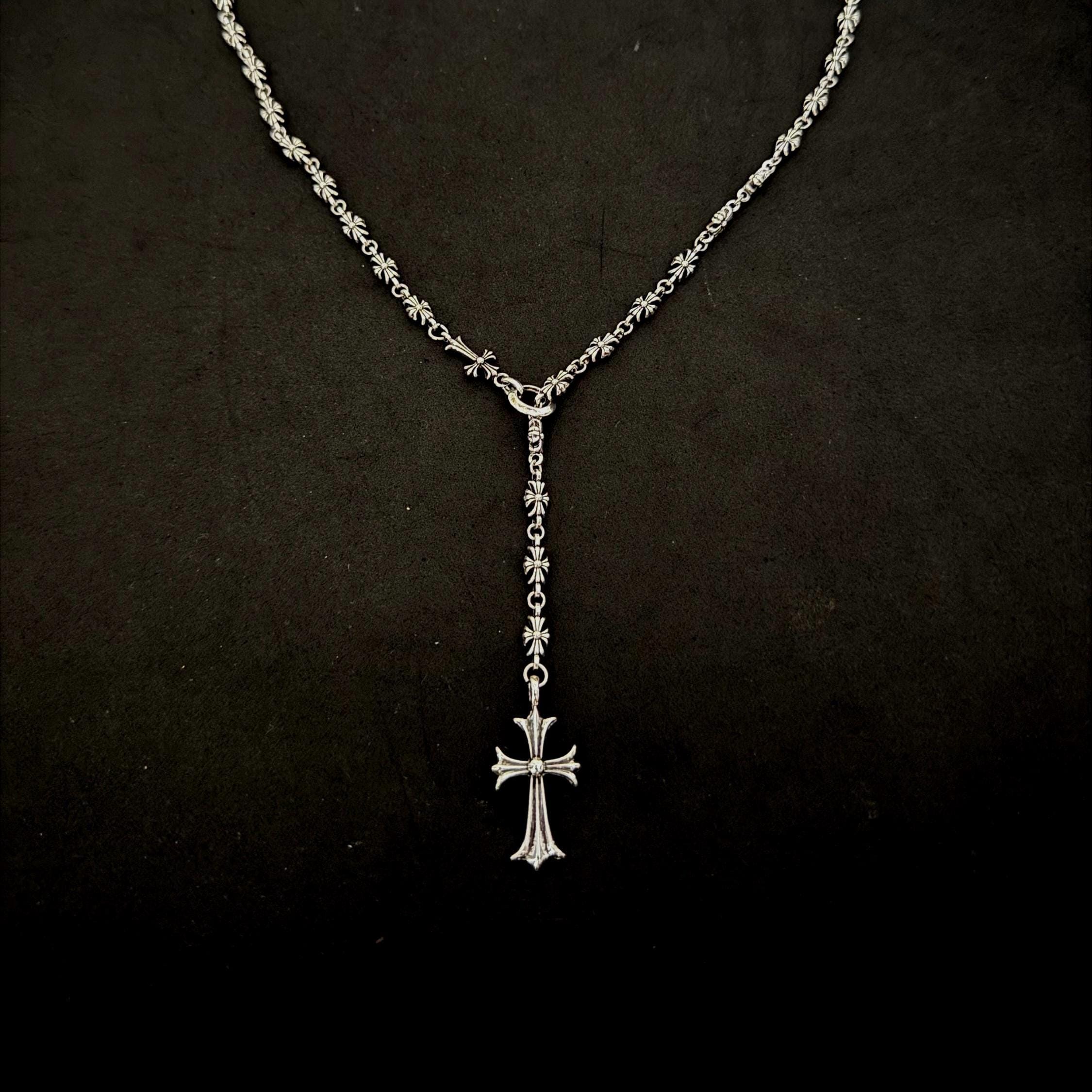 Ch Gothic Style Rosary Y2k Punk Cross Necklace Chrome Silver