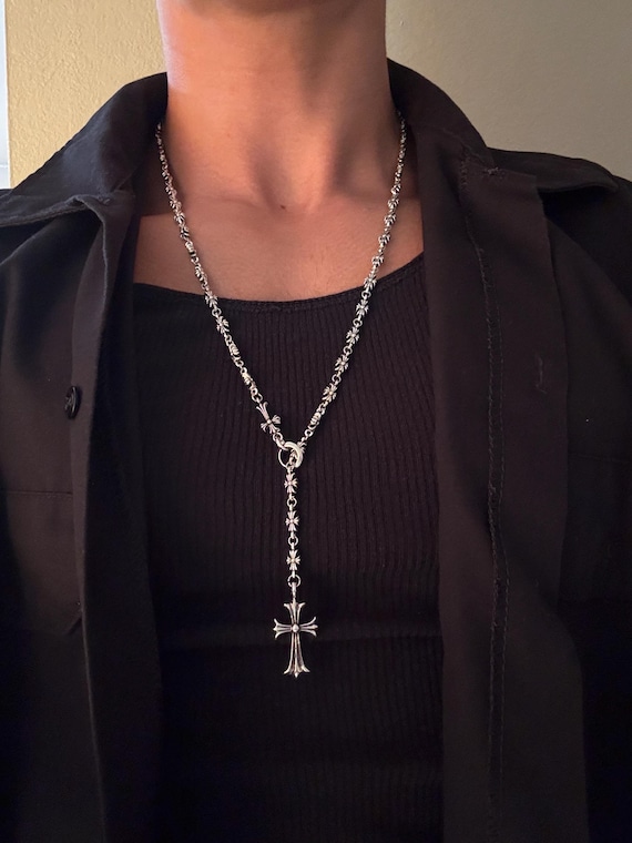 CH Gothic Style Rosary Y2K Punk Cross Necklace Chrome Silver CH Gothic Style Rosary Y2K Punk Cross Necklace Chrome Silver