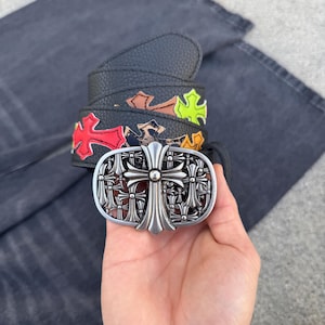 Riem in gotische stijl y2k begraafplaats leren kruisen grunge emo goth-stijl staal chroom e1
