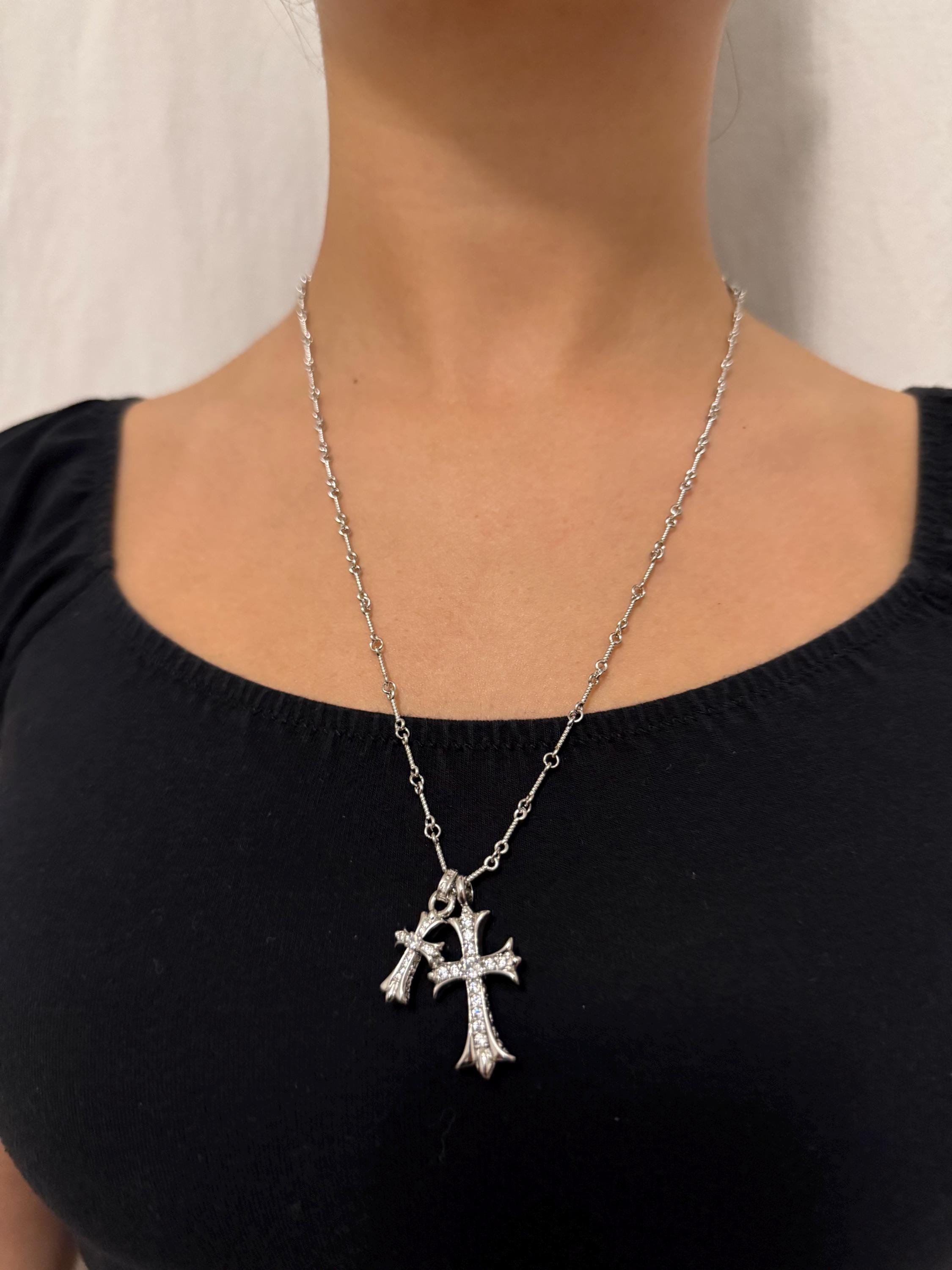 CH Diamond Gothic Style Double Cross Y2K Punk Chrome Silver
