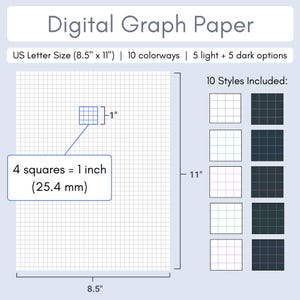 May include: Digital graph paper in US Letter size (21.6 cm x 27.9 cm) with 10 colourways, including 5 light and 5 dark options. The image shows a grid with 4 squares equaling 2.54 cm. Ten different styles are included.
