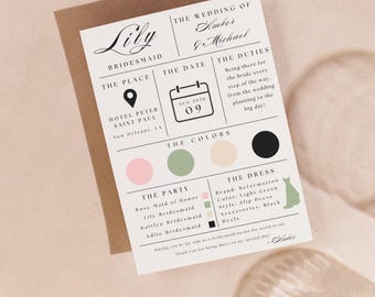 May include: A bridesmaid card with a light green, pink, and peach color scheme. The card includes the bride and groom's names, the wedding date, and the location. It also lists the bridesmaid's duties and the dress code for the wedding party.