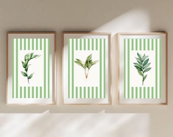 Green Striped Botanical Art Prints: Grandmillennial Decor (INSTANT DOWNLOAD)