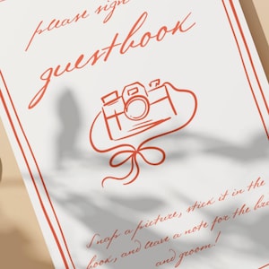 Red & White Polaroid Guest Book Sign Photo Hand Drawn Illustrated Wedding Sign Printable Template Photo Guestbook, Instant Download, 011