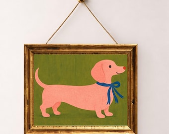 Pink Dachshund Art Print, Mid-Century Modern Pet Decor (Digital Download)