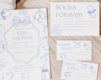 Dusty Blue Baby Shower Invitation Bundle, Toile De Jouy Boy Baby Shower Set, Editable Baby Shower Boy Invitation Bundle