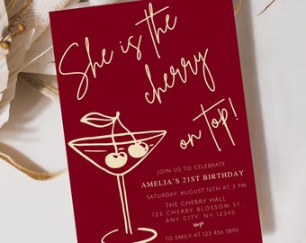 Editable Cherry On Top Invite, She’s The Cherry Birthday Invitation, Cherry Themed Party Invitation, Cherry On Top 21st Birthday Invite