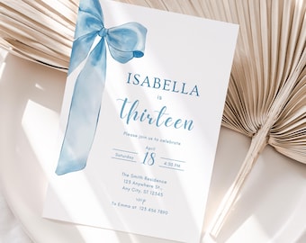 Blue Coquette Bow 13th Birthday Invitation, Girl 13th Birthday Coquette Bow Invite, Any Age Blue Bow Invite