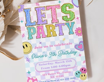 Editable Varsity Patch Birthday Party Invitation Template, Lets Party Invitation, Smiley Face Preppy Invite Template