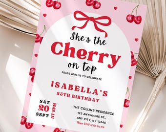 Cherry On Top Birthday Editable Invitation, Cherry Picked Birthday Invite, Cherry Theme Birthday Party Invitation Template
