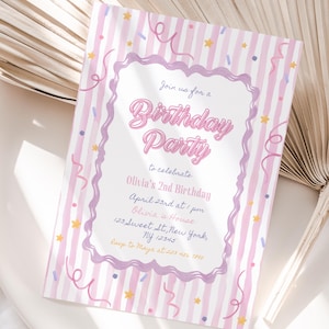 Editable Whimsical Girl Birthday Invitation, Fancy Whimsy Birthday Invitation, Pink Stripes Confetti Invite Template