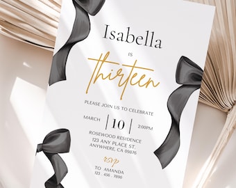 Black Bow Birthday Invitation Editable, Black Bow, Coquette Birthday Black Ribbon Invite, Any Age Coquette Invitation Template