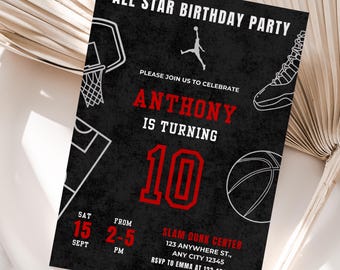 Bewerkbare basketbalverjaardagsuitnodiging, verjaardagsuitnodiging jongen, basketbalthema verjaardagsfeestje uitnodiging Canva-sjabloon