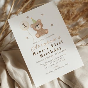 Bearbeitbare Bären-Geburtstagseinladung jedes Alter, Bären-erster Geburtstag, Teddy 1. Geburtstag, Teddybär-Einladungsvorlage