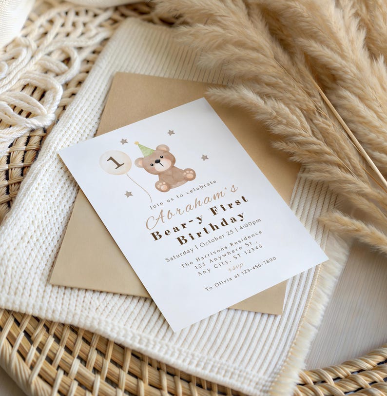 Editable Bear Birthday Invitation Any Age, Beary First Birthday, Teddy 1st Birthday, Teddy Bear Invite Template image 6