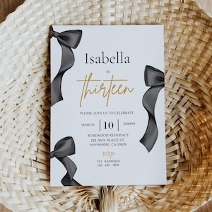 Black Bow Birthday Invitation Editable, Black Bow, Coquette Birthday Black Ribbon Invite, Any Age Coquette Invitation Template