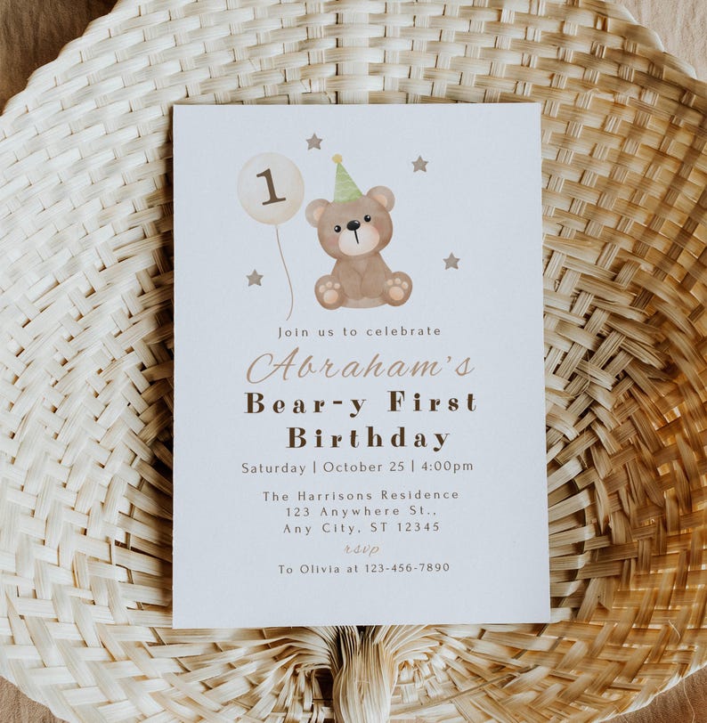 Editable Bear Birthday Invitation Any Age, Beary First Birthday, Teddy 1st Birthday, Teddy Bear Invite Template image 7