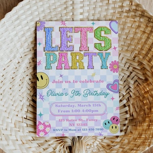 Editable Varsity Patch Birthday Party Invitation Template, Lets Party Invitation, Smiley Face Preppy Invite Template