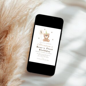 Editable Bear Birthday Invitation Any Age, Beary First Birthday, Teddy 1st Birthday, Teddy Bear Invite Template image 3