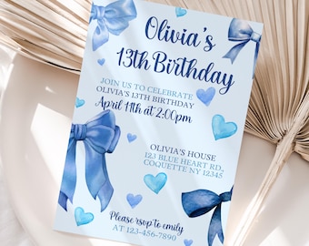 Blue Bow Birthday Invitation, Coquette Birthday Bow Invite, Bow Birthday Invite Template, Blue Bow Girl Coquette Invite, Blue Ribbon Invite