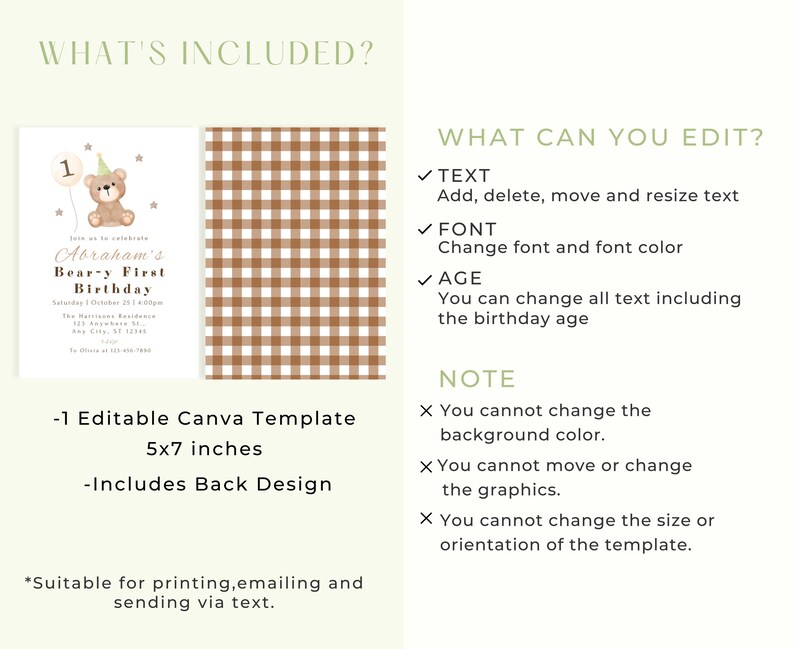 Editable Bear Birthday Invitation Any Age, Beary First Birthday, Teddy 1st Birthday, Teddy Bear Invite Template image 4