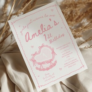 Girls Just Wanna Be One Invite,Girl First Birthday Coquette Invite, Pink Girls Bow Invite,Girls Wanna Bday Invitation Template