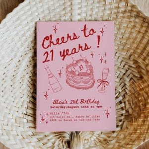Editable 21st Birthday Invitation,Coquette Hand Drawn Invite, Illustrated 21st Birthday Party Invitation
