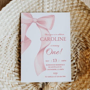 Editable Pink Bow Birthday Invitation, Girl 1st Birthday Pink Bow Invite, First Birthday Pink Ribbon Invite Template