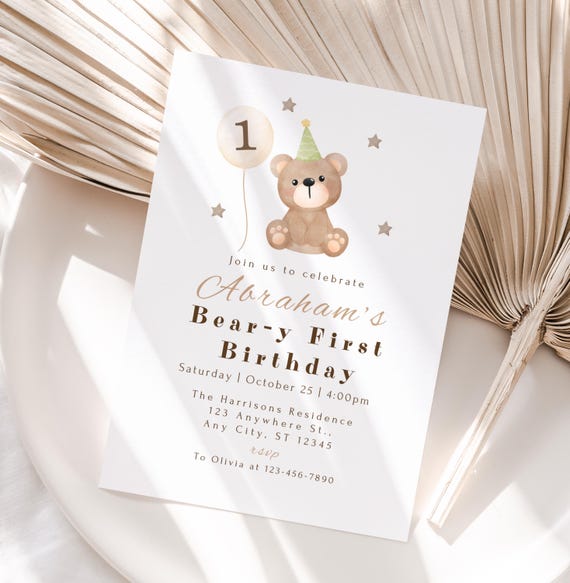 Editable Bear Birthday Invitation Any Age, Beary First Birthday, Teddy 1st Birthday, Teddy Bear Invite Template