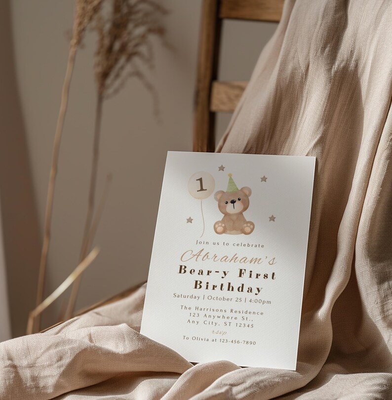 Editable Bear Birthday Invitation Any Age, Beary First Birthday, Teddy 1st Birthday, Teddy Bear Invite Template image 5