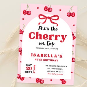 Cherry On Top Geburtstag bearbeitbare Einladung, Cherry Picked Geburtstag einladen, Cherry Theme Geburtstagsfeier Einladung Vorlage
