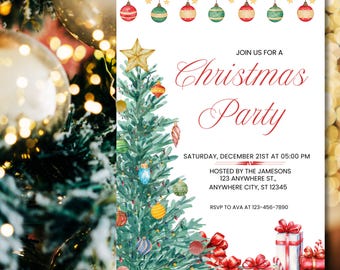 Christmas Party Invitation, Christmas Dinner Invitation, Christmas Tree Invitation, Holiday Work Party Invitation Canva Template